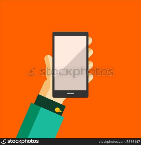 Businessman&#39;s hand holding smart phone trendy flat design