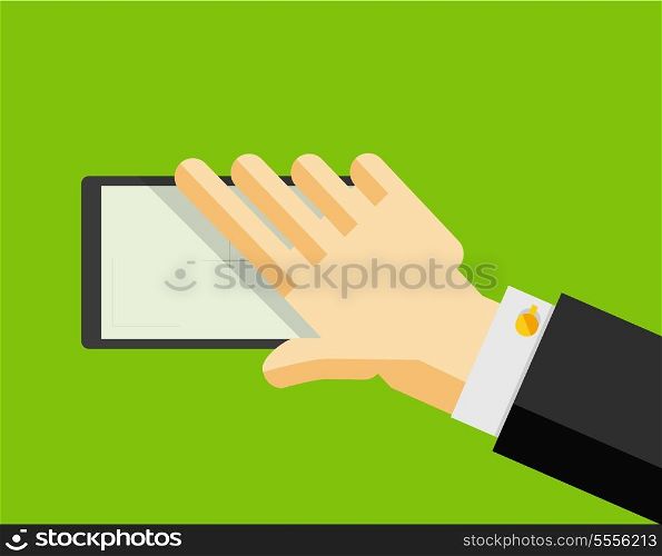 Businessman&#39;s hand holding smart phone trendy flat design