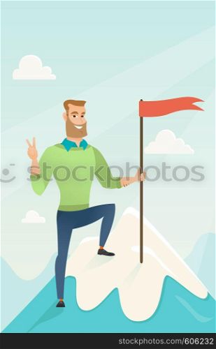 Businessman achieved flag on the top of mountain. Businessman celebrating business achievement on the peak of mountain. Business achievement concept. Vector flat design illustration. Vertical layout.. Achievement of business goal vector illustration.