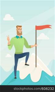 Businessman achieved flag on the top of mountain. Businessman celebrating business achievement on the peak of mountain. Business achievement concept. Vector flat design illustration. Vertical layout.. Achievement of business goal vector illustration.