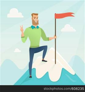 Businessman achieved flag on the top of mountain. Businessman celebrating his business achievement on the peak of mountain. Business achievement concept. Vector flat design illustration. Square layout. Achievement of business goal vector illustration.