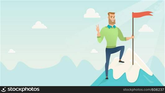 Businessman achieved flag on the top of mountain. Businessman celebrating business achievement on the peak of mountain. Business achievement concept. Vector flat design illustration. Horizontal layout. Achievement of business goal vector illustration.