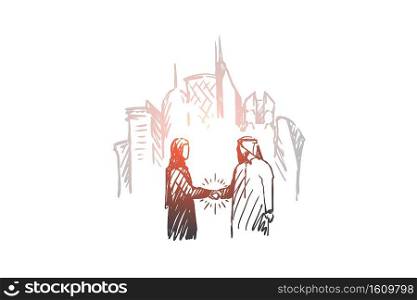 Businessman, agreement, deal, muslim, city concept. Hand drawn arab businessmen have a deal concept sketch. Isolated vector illustration.. Businessman, agreement, deal, muslim, city concept. Hand drawn isolated vector.