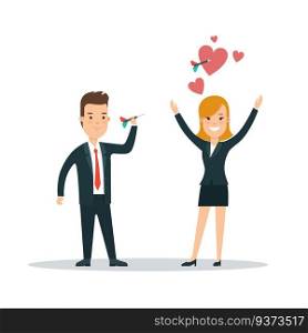 Businessman aiming dart target health over businesswoman flat style vector illustration. Love romance goal targeting concept.Creative man and woman people collection.