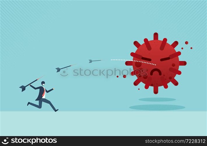 Businessman aiming target with bow and arrow to kill Coronavirus or COVID-19 because business goals, aims, mission, opportunity and challenge. vector design.