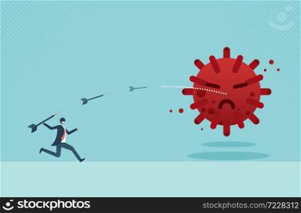 Businessman aiming target with bow and arrow to kill Coronavirus or COVID-19 because business goals, aims, mission, opportunity and challenge. vector design.