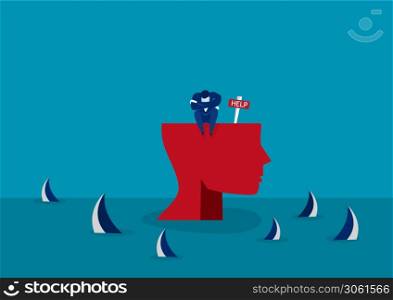 businessman alone on big head human by sharks. Concept of corporate failure,imposter syndrome