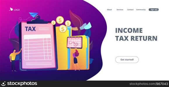 Businessman and accountant filling financial document form on clipboard and payment date. Tax form, income tax return, company tax payment concept. Website vibrant violet landing web page template.. Tax form concept landing page.