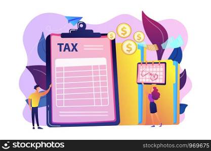 Businessman and accountant filling financial document form on clipboard and payment date. Tax form, income tax return, company tax payment concept. Bright vibrant violet vector isolated illustration. Tax form concept vector illustration.