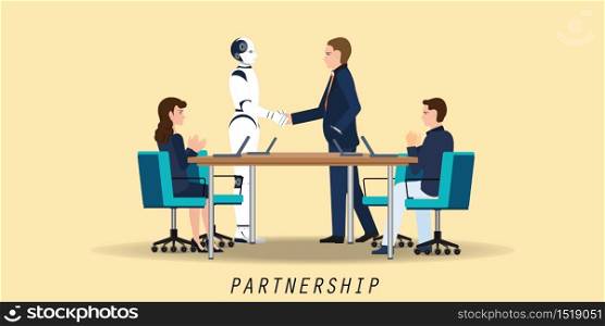 Businessman and Artificial intelligence robot handshaking during meeting agreement partnership concept artificial intelligence futuristic mechanism, vector illustration.
