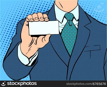 Businessman and business card. Retro style pop art. Businessman and business card