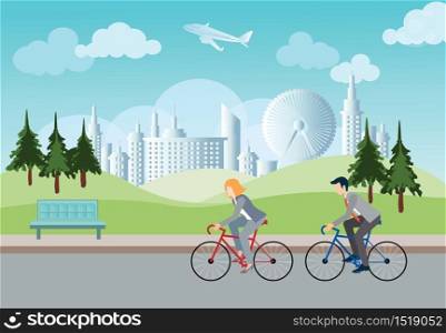 Businessman and business woman going to work by bike in public park, concept save the world vector illustration.