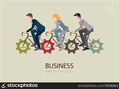Businessman and business woman riding bicycle with gears on space, teamwork, business success conceptual vector illustration.