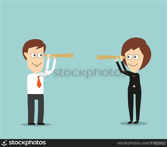 Businessman and business woman with spy glasses find each other for successful business cooperation and partnership. Cartoon flat style. Businessman and business woman with spy glasses