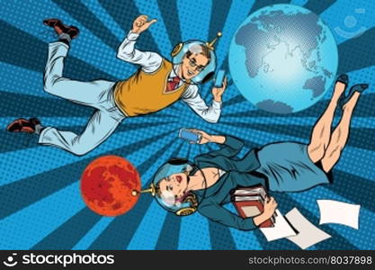 Businessman and businesswoman astronauts pop art retro vector. Man and woman at work. Mission to Mars. Businessman and businesswoman astronauts