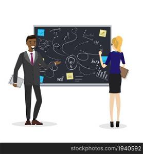 Businessman and businesswoman characters,Business signs and color stickers on blackboard,Business idea concept,isolated on white background,vector illustration