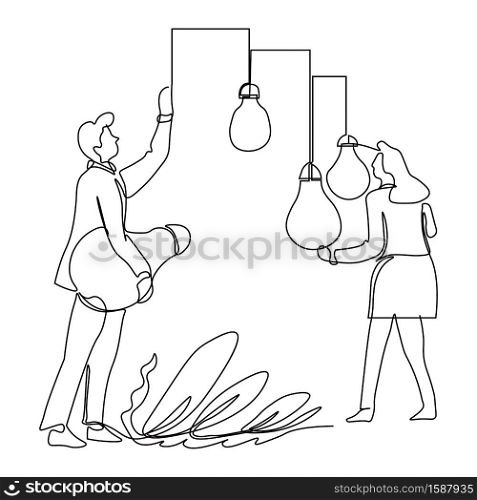 Businessman and businesswoman collecting ideas, light bulbs isolated outline drawing vector. Startup or project, brainstorming creativity and efficiency. Thought, entrepreneurs or office workers. Business ideas collecting, businessman and businesswoman isolated outline drawing