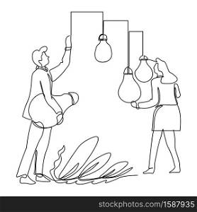 Businessman and businesswoman collecting ideas, light bulbs isolated outline drawing vector. Startup or project, brainstorming creativity and efficiency. Thought, entrepreneurs or office workers. Business ideas collecting, businessman and businesswoman isolated outline drawing