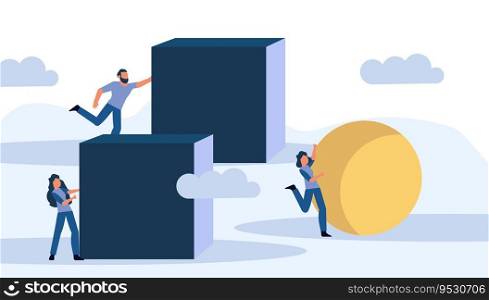 Businessman and businesswoman concept strategy competitor achievement vector with sphere and cube. Cleve leadership efficiency better move ball or box. Smart work performance progress goal forward