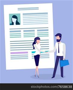 Businessman and businesswoman do handshaking about deal. Important document on background, contract. Meeting of managers for agreement about business. Vector illustration of paper file in flat style. Business Document, Contract Between Woman and Man
