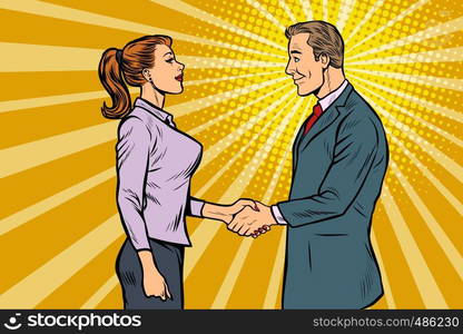 businessman and businesswoman handshake. Pop art retro vector illustration vintage kitsch 50s 60s. businessman and businesswoman handshake