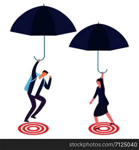 Businessman and businesswoman with umbrella aiming on target. Risky business, success and focus vector concept. Illustration of business target aim. Businessman and businesswoman with umbrella aiming on target. Risky business, success and focus vector concept