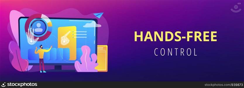 Businessman and computer recognising and interpreting human gesures as commands. Gesture recognition, gestures commands, hands-free control concept. Header or footer banner template with copy space.. Gesture recognition concept banner header.