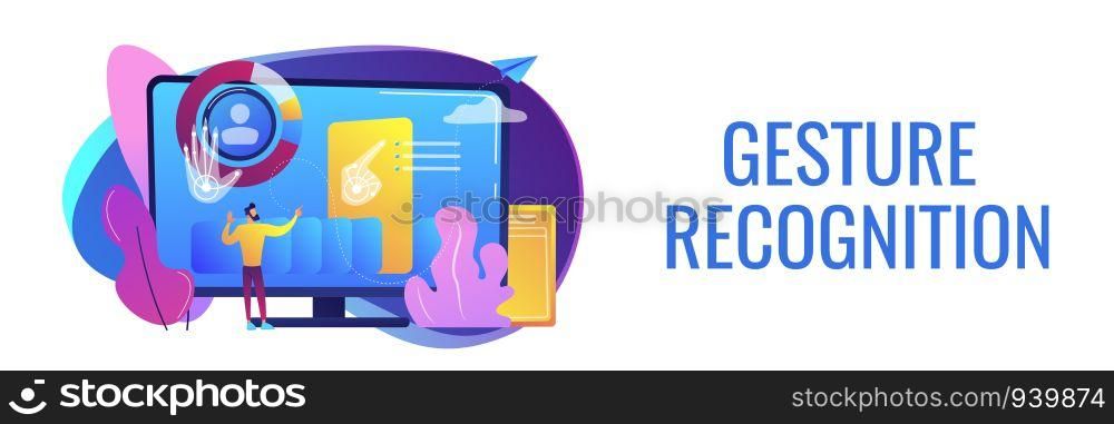 Businessman and computer recognising and interpreting human gesures as commands. Gesture recognition, gestures commands, hands-free control concept. Header or footer banner template with copy space.. Gesture recognition concept banner header.