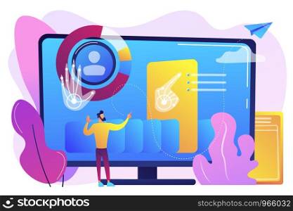 Businessman and computer recognising and interpreting human gesures as commands. Gesture recognition, gestures commands, hands-free control concept. Bright vibrant violet vector isolated illustration. Gesture recognition concept vector illustration.