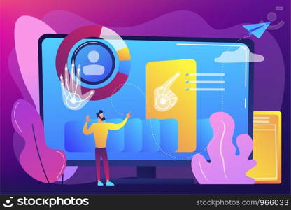 Businessman and computer recognising and interpreting human gesures as commands. Gesture recognition, gestures commands, hands-free control concept. Bright vibrant violet vector isolated illustration. Gesture recognition concept vector illustration.