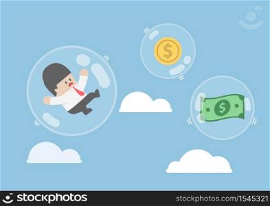Businessman and dollar money floating in bubbles, financial crisis concept, VECTOR, EPS10
