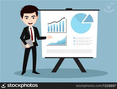 Businessman and graphs on projector screen. Presentation concept, seminar, training, conference.