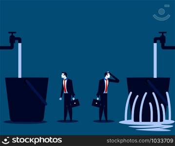 Businessman and leaking bucket. Contrast between business. Vector illustration.
