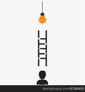 Businessman and light bulb with ladder sign.Ladder to success concept with idea light bulb icon.Creative idea and leadership concept.Partnership and teamwork concept.Vector illustration