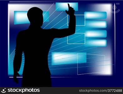 businessman and monitor. businessman touching an icon on a touch screen monitor