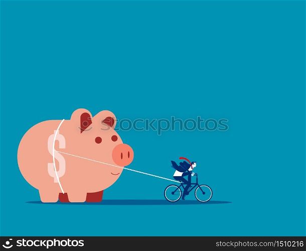 Businessman and piggy bank. Concept business vector illustration, Assistance, Pulling, Saving.