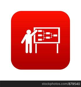 Businessman and presentation screen with scheme icon digital red for any design isolated on white vector illustration. Businessman and presentation screen icon digital red