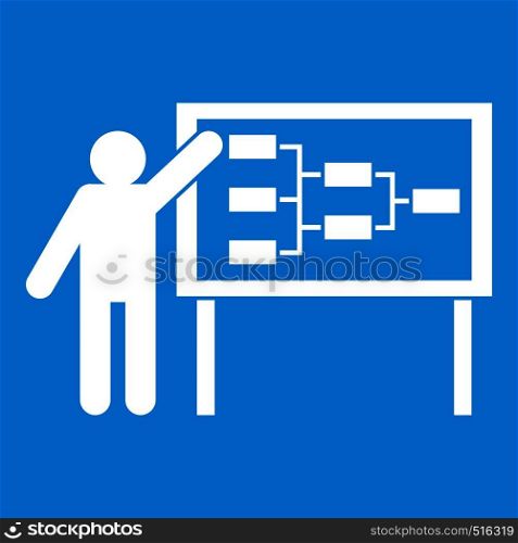 Businessman and presentation screen with scheme icon white isolated on blue background vector illustration. Businessman and presentation screen icon white