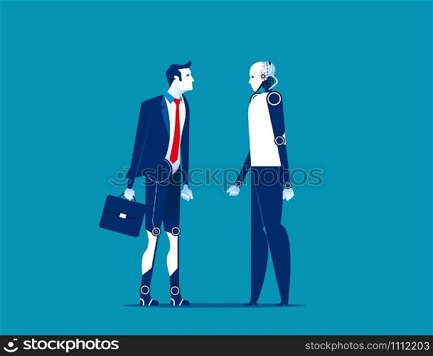 Businessman and robot switch body. Concept business vector illustration.