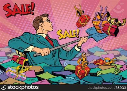 Businessman and sales season, retro man with a shovel is among the gifts, pop art retro vector illustration
