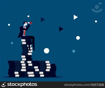 Businessman and search for success. Concept business vector illustration. Sitting on the books.. Businessman and search for success. Concept business vector illustration. Sitting on the books.