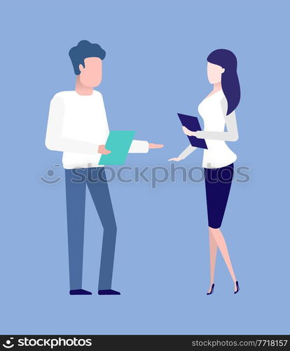 Businessman and secretary talking vector, isolated people holding documents and papers notes concerning business project and details of meeting problems. People at Work Talking, Colleagues at Coffee Break