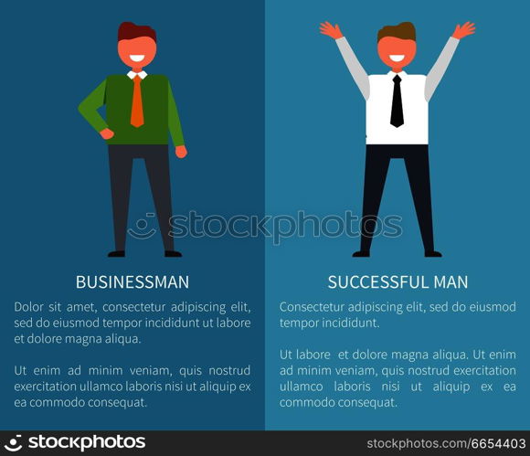 Businessman and successful man posters with text on blue background. Neatly-dressed men posing expressing emotions of joy and happiness vector. Businessman and Successful Man Posters with Text