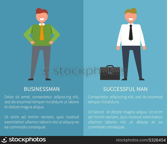 Businessman and Successful Man Vector Illustration. Businessman and successful man, icons of male dressed formal, with title and text sample in two columns vector illustration isolated on blue