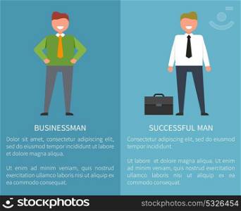 Businessman and Successful Man Vector Illustration. Businessman and successful man, icons of male dressed formal, with title and text sample in two columns vector illustration isolated on blue