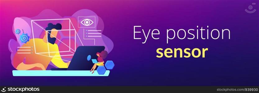 Businessman and technology measuring eye position and movement, tiny people. Eye tracking technology, gaze tracking, eye position sensor concept. Header or footer banner template with copy space.. Eye tracking technology concept banner header.