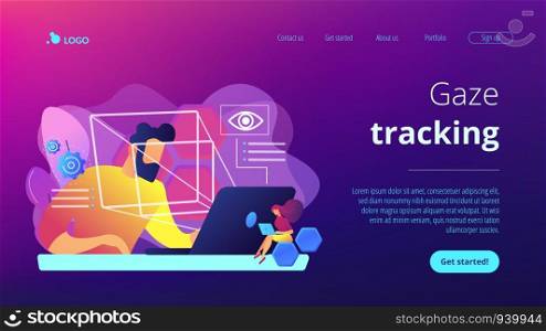 Businessman and technology measuring eye position and movement, tiny people. Eye tracking technology, gaze tracking, eye position sensor concept. Website vibrant violet landing web page template.. Eye tracking technology concept landing page.