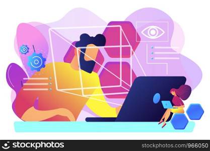 Businessman and technology measuring eye position and movement, tiny people. Eye tracking technology, gaze tracking, eye position sensor concept. Bright vibrant violet vector isolated illustration. Eye tracking technology concept vector illustration.