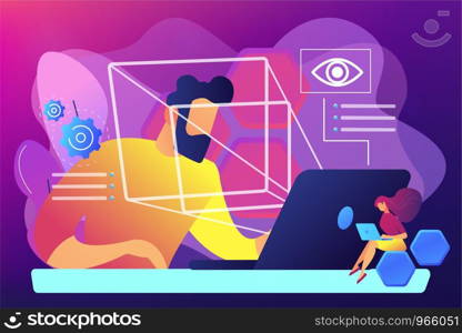 Businessman and technology measuring eye position and movement, tiny people. Eye tracking technology, gaze tracking, eye position sensor concept. Bright vibrant violet vector isolated illustration. Eye tracking technology concept vector illustration.
