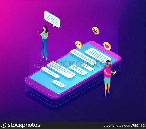 Businessman and woman and chatting conversation on smartphone with emoticons. Messaging application, mobile chat app, messenger mobile soft concept. Ultraviolet neon vector isometric 3D illustration.. Messaging application isometric 3D concept illustration.